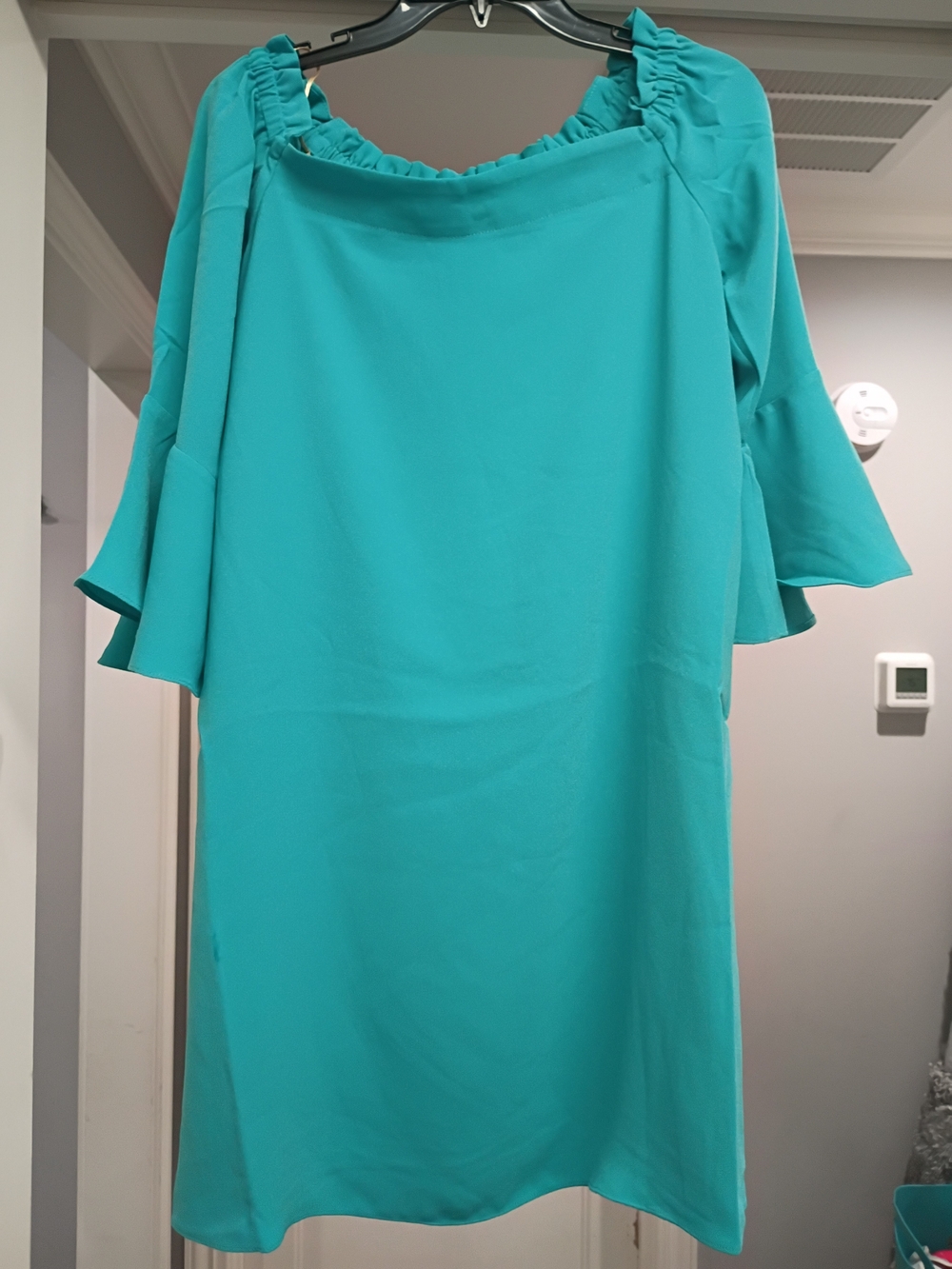 Trina Turk Turquoise Blue/ Green Off-Shoulder Knox Dress Women's Size Medium New